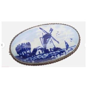 Estate Dutch Sterling Porcelain Windmill Oval Brooch, 1.5" L
